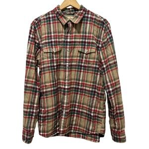 Marine Layer Flannel Shirt Mens Large Tan Red Green Plaid Long Sleeve Cotton